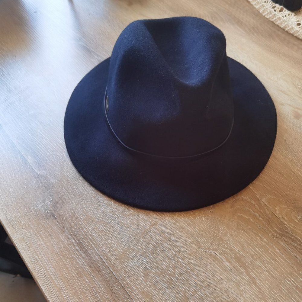 Black Wool Flat Brim Fedora Hat